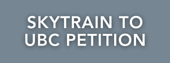 Grey button that states "SkyTrain to UBC Petition" with a link to the AMS campaign where you can get more information and add your name to the petition